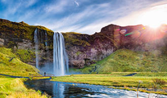 Seljalandsfoss Waterfall against the sunlight, South Iceland