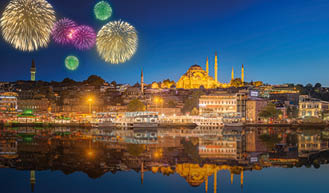 Cityscape with Galata Tower, Golden Horn and ferry wirh beautiful fireworks in Istanbul, Turkey; Shutterstock ID 337781531; purchase_order: Katalogproduktion ; job: 20638-0075; client: Studiosus Reisen M nchen GmbH mit allen Tochterunternehmen SGR und MOP; other: Kultimer Studiosus Kataloge Print und online kuptag Tuerkei, Istanbul /kuptag 