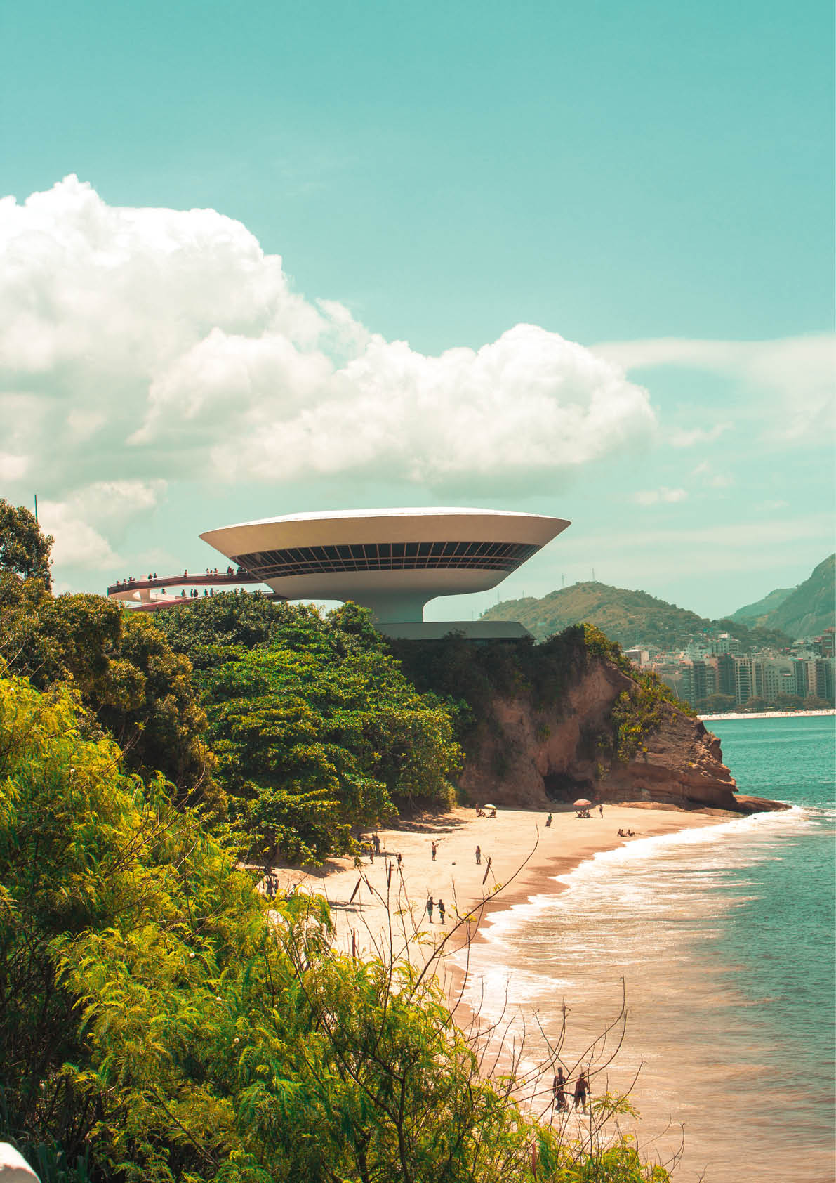 A vertical shot of the Niteroi Contemporary Art Museum in Brazil