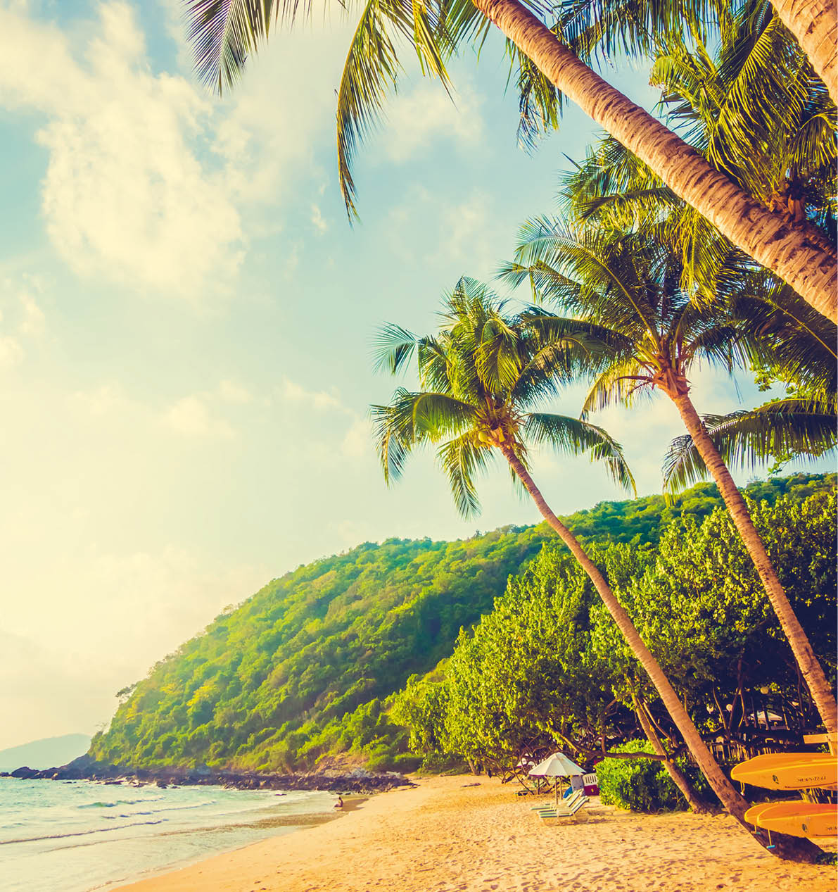 Beautiful tropical beach and sea landscape with coconut palm tree and umbrella and chair - Vintage Filter and Boost up color Processing