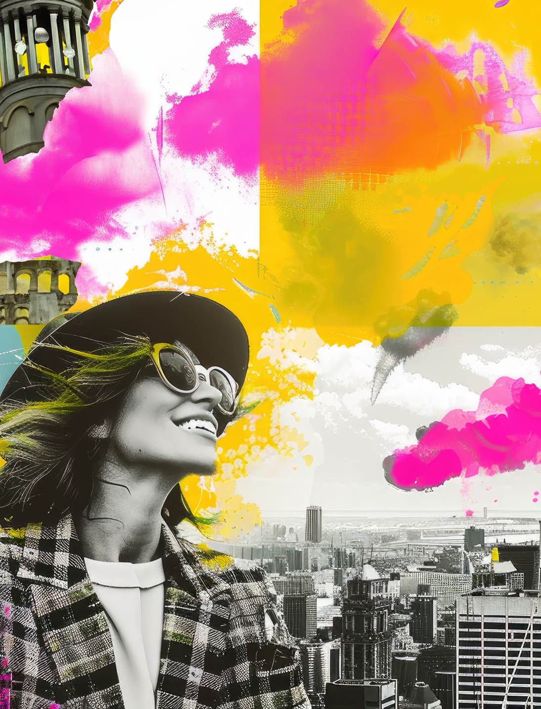  Photo collage of a woman with yellow, pink, and white graphic design elements of city buildings, pink clouds, and colorful geometric shapes. High quality photo