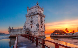 Belem Tower or Tower of St Vincent on the bank of the Tagus River at scenic sunset, Lisbon, Portugal