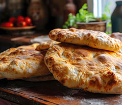 Fresh bread from the bakery next door, favorite bakeries near the house, traditional Georgian Puri bread on an old wooden table, the freshest fragrant bread
