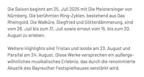 Die Saison beginnt am 25. Juli 2025 mit Die Meistersinger von N rnberg. Die ber hmten Ring Zyklen, bestehend aus Das ...