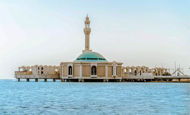 A view across the water to Al Rahma, Jeddah's popular “floating" mosque