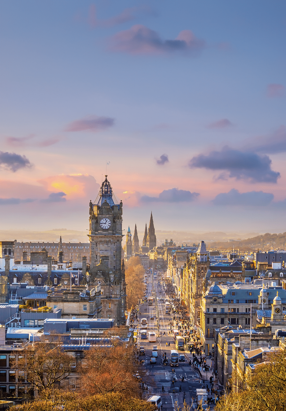 Old town Edinburgh city skyline. Cityscape in Scotland at sunset