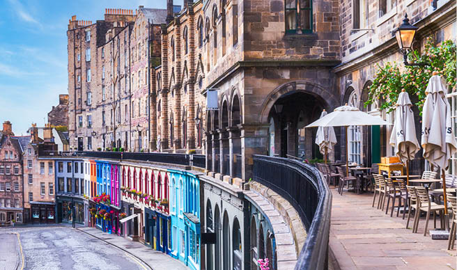 Colorful buildings in Victoria Street, Old Town Edinburgh, Scotland. 