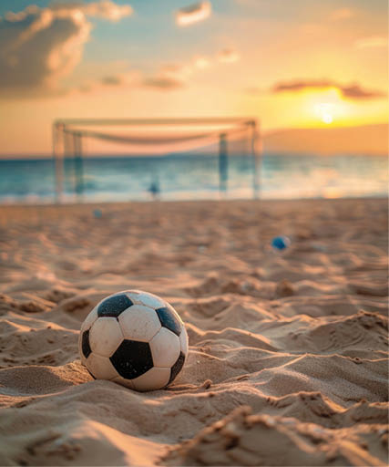 A soccer ball laying on a sandy beach with a goal in the background. Ideal for sports and summer vacation concepts.