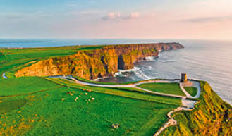 World famous Cliffs of Moher, one of the most popular tourist destinations in Ireland. Aerial view of widely known tourist attraction on Wild Atlantic Way in County Clare.