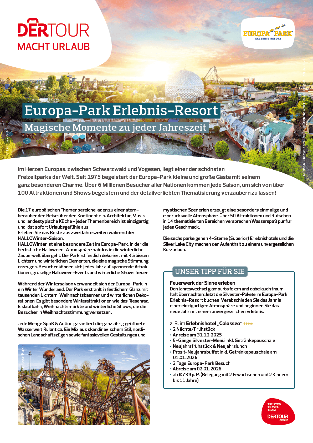 Blick auf den Europa-Park mit Achterbahnen, Kuppelbau und Wasserfl chen, umrahmt von Werbetext und Informationen des Reiseanbieters DERTOUR.