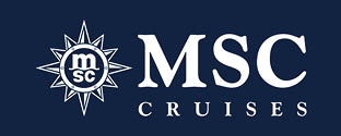 dieses Bild zeigt das MSC Cruises Logo im blauen Negativstil – das klassische Markenzeichen mit dem nautischen Sternsymbol und der eleganten Serifenschrift.