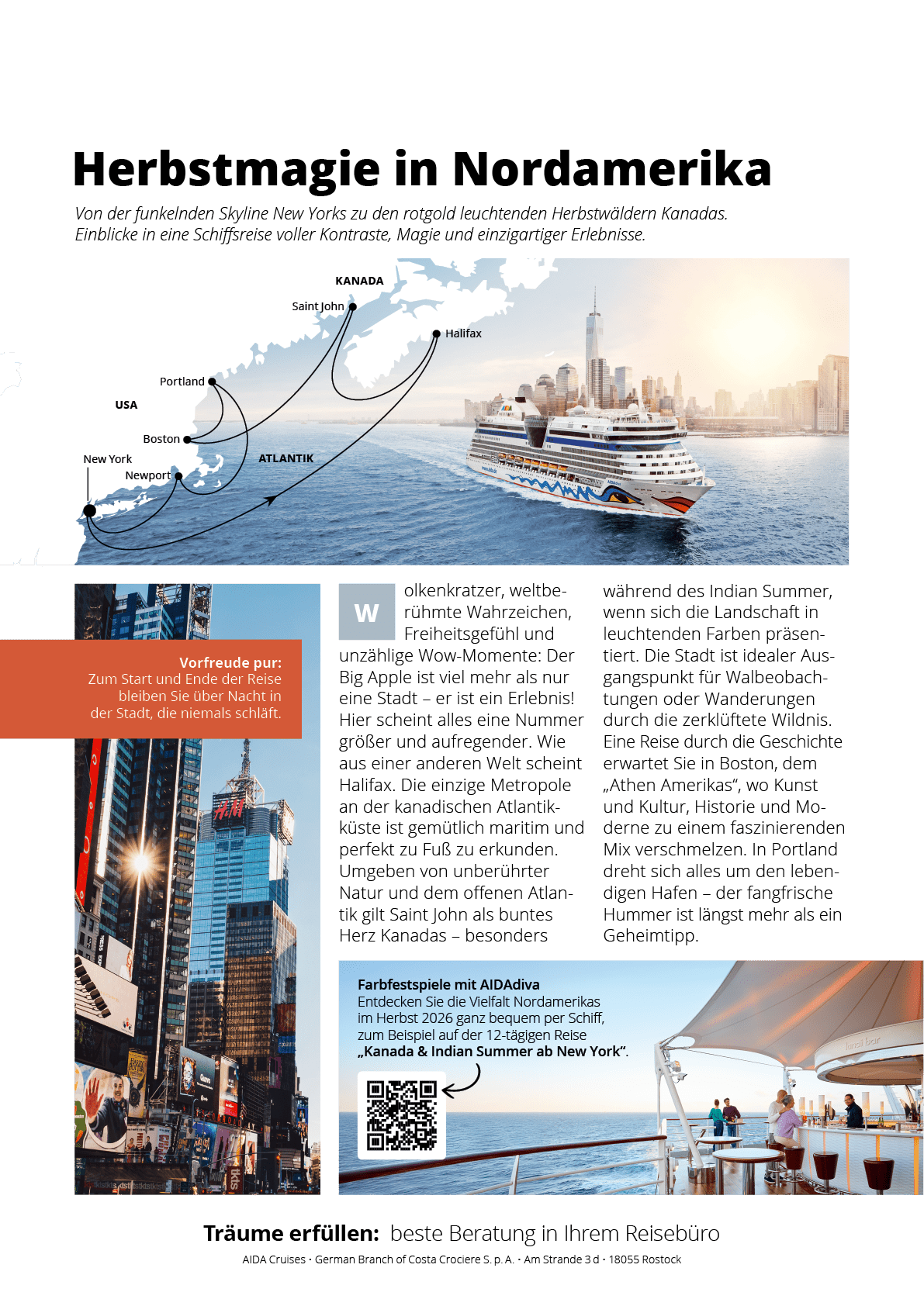 AIDA-Anzeige mit der berschrift “Herbstmagie in Nordamerika" und dem Text "Von der funkelnden Skyline New Yorks zu den rotgold leuchtenden Herbstw ldern Kanadas. Einblicke in eine Schiffsreise voller Kontraste, Magie und einzigartiger Erlebnisse."