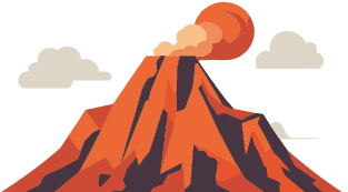 Illustration eines rot gl henden Vulkans mit Rauchwolke vor untergehender Sonne, umgeben von Wasser und vereinzelten Wolken.