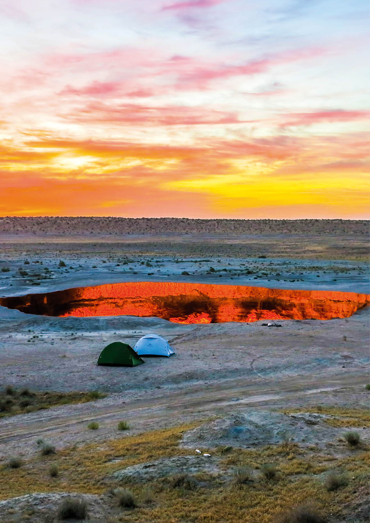 Darvaza Gas Crater Pit Breathtaking Two Tents at Sunrise