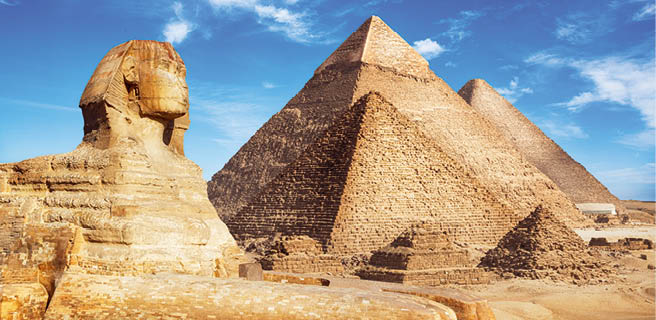 Egypt Cairo - Giza. General view of pyramids with Sphinx