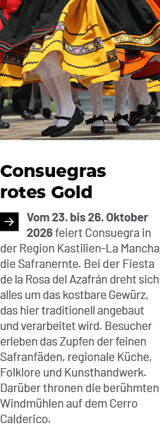 Consuegras rotes Gold ￼Vom 23. bis 26. Oktober 2026 feiert Consuegra in der Region Kastilien La Mancha die Safranernt...