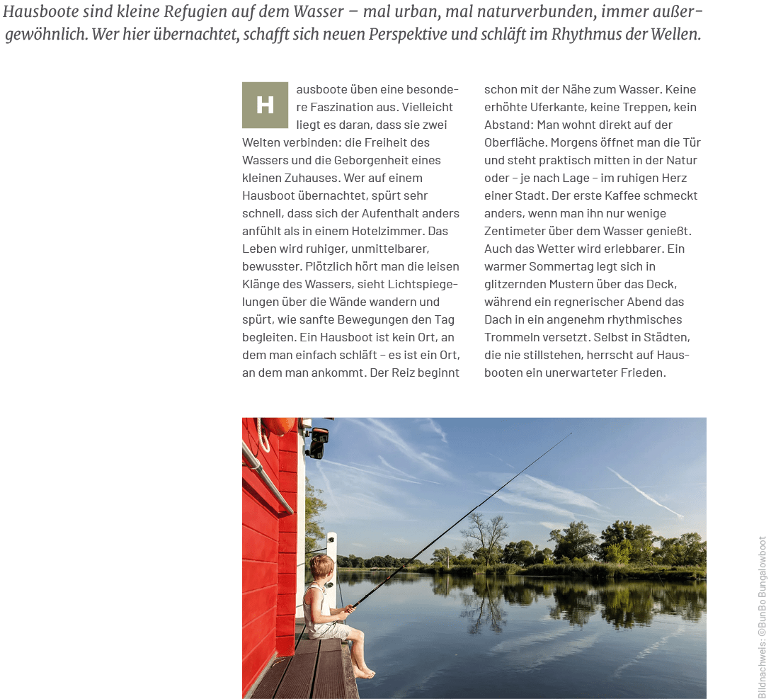 Bildnachweis: ©BunBo Bungalowboot,Hausboote sind kleine Refugien auf dem Wasser – mal urban, mal naturverbunden, imme...