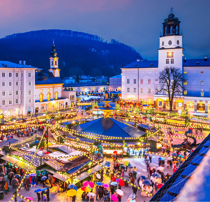 Salzburg, Austria. Christmas market at Cathedral Square, origins of Christkindlmarkt X-mas fair go back to the late 15th century.