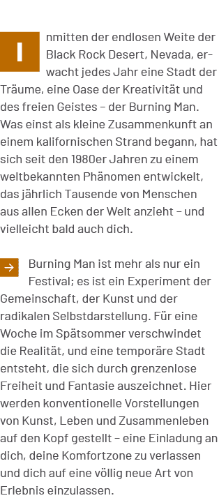 ￼nmitten der endlosen Weite der Black Rock Desert, Nevada, erwacht jedes Jahr eine Stadt der Tr ume, eine Oase der Kr...