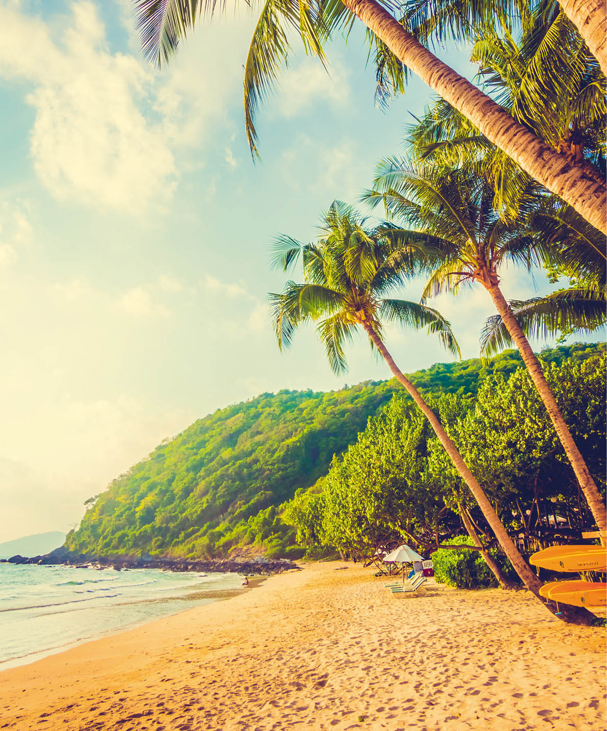 Beautiful tropical beach and sea landscape with coconut palm tree and umbrella and chair - Vintage Filter and Boost up color Processing