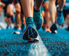 Marathon runners' feet are poised at the start line on a wet road, showcasing their colorful athletic shoes and the anticipation of the race. the scene reflects the runners' determination and excitement, highlighted by reflections in puddles.