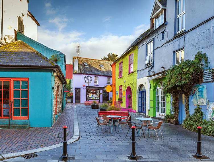 Street with bright colored houses in Kinsale, Ireland