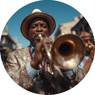 Grand marshal, trumpeter, and drummer marching down Bourbon Street in New Orleans. Bright daytime light, rule of thirds composition