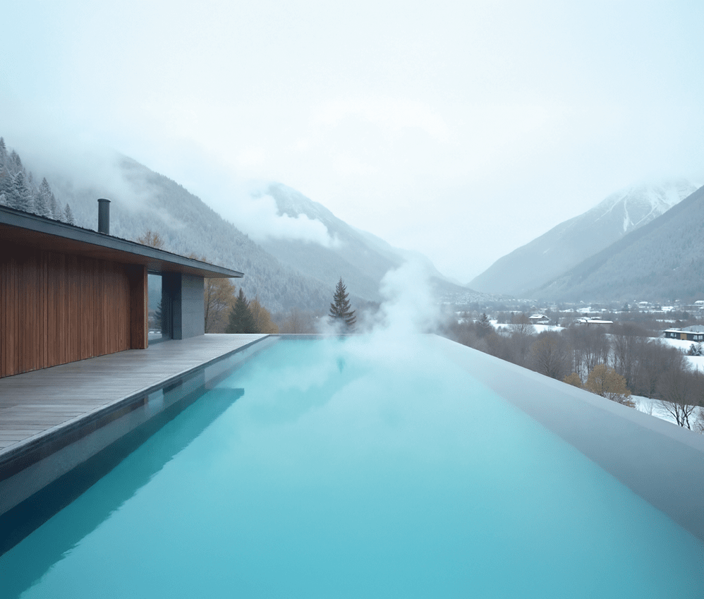 Dampfen­der Infinity-Pool mit Blick auf verschneites Tal und bewaldete Bergh nge.