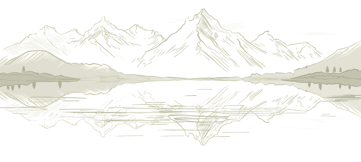 Illustrierte Berglandschaft mit See und Spiegelung bei klarem Himmel.