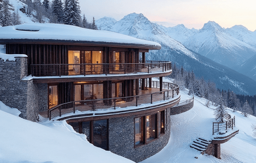 Modernes Chalet mit gro en Fenstern in verschneiter Berglandschaft bei D mmerung.
