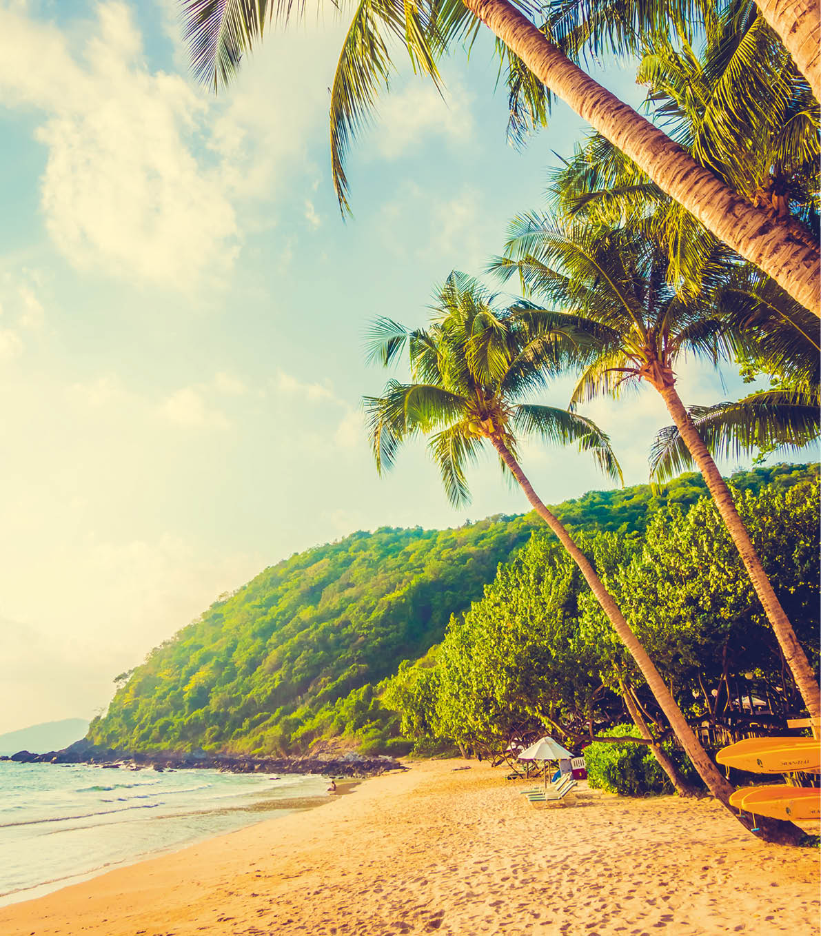 Beautiful tropical beach and sea landscape with coconut palm tree and umbrella and chair - Vintage Filter and Boost up color Processing
