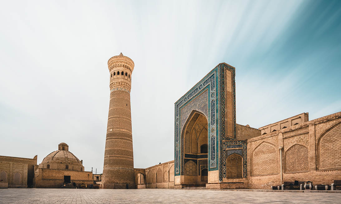 Poi Kalon Mosque and Minaret in Bukhara, Uzbekistan. The complex is located in the historic part of the city
