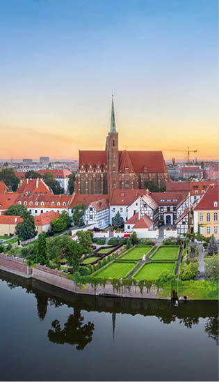 Wroclaw, Poland. Panoramic aerial view of Cathedral Island (Ostrow Tumski) on sunrise