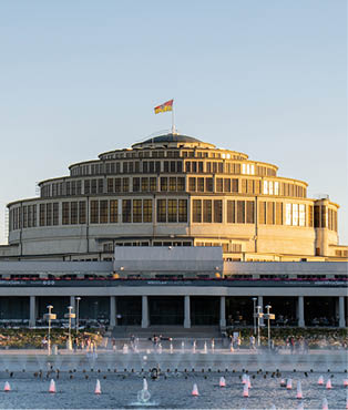 Wroclaw Poland May 2023 Multimedia Fountain at Centennial Hall. Unesco World Heritage Site for his unique architecture, the Centennial Hall landmark exterior. 
