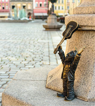 Wroclaw, Poland - June 25, 2019: City symbol landmark sculpture dwarfs in different situations. Krasnoludki, gnomes