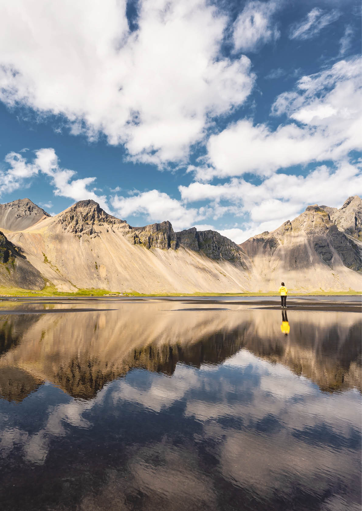 Beautiful landscape of Vestrahorn mountain in viking village on bright day in Stokknes Peninsula at Southeast Iceland