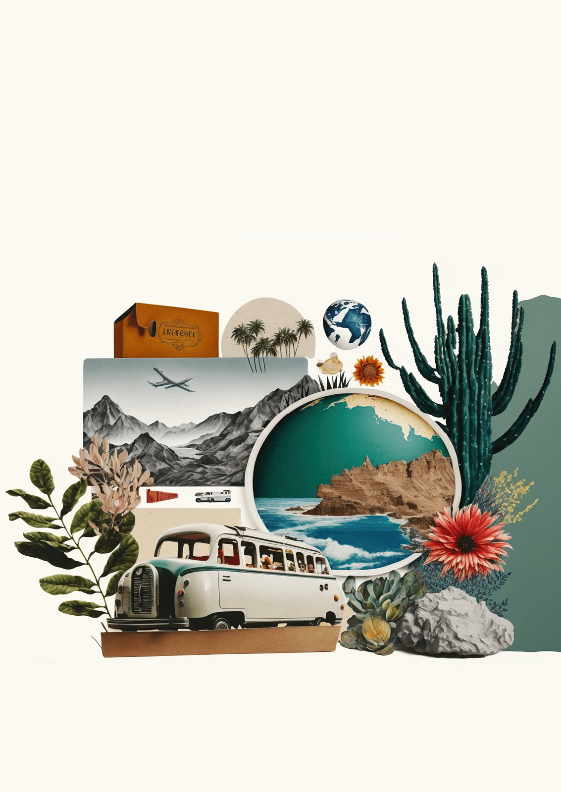 Tourism and travel concept, collage on white background. Generative AI illustration.