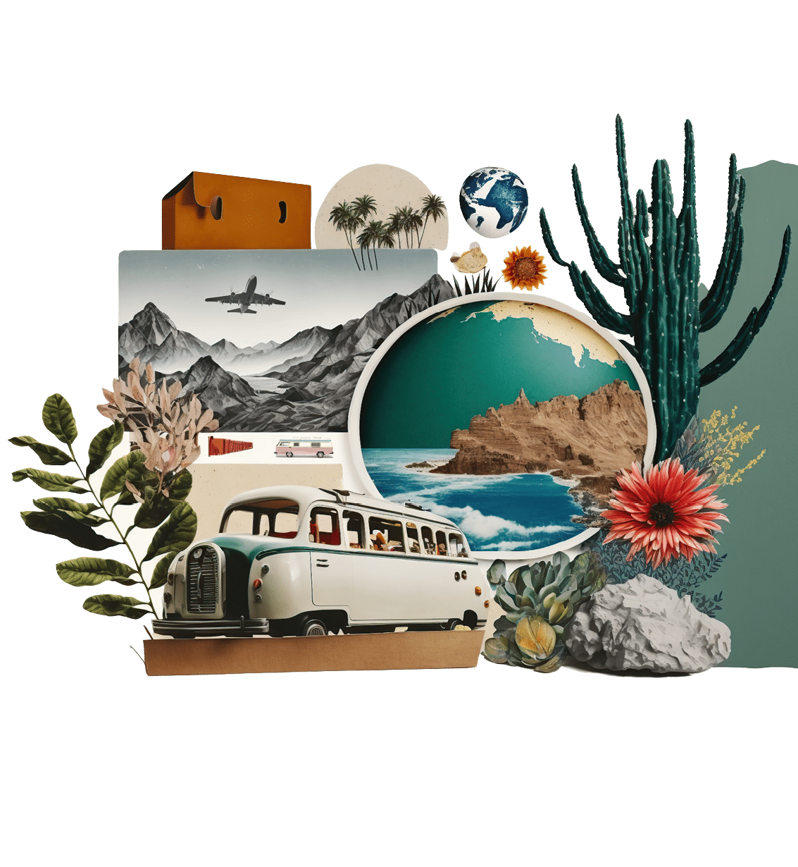 Tourism and travel concept, collage on white background. Generative AI illustration.