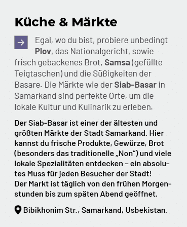 K che & M rkte ￼Egal, wo du bist, probiere unbedingt Plov, das Nationalgericht, sowie frisch gebackenes Brot, Samsa (...