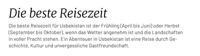 Die beste Reisezeit Die beste Reisezeit f r Usbekistan ist der Fr hling (April bis Juni) oder Herbst (September bis O...